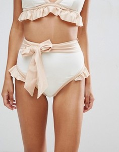 Плавки бикини с завышенной талией, контрастными оборками и поясом ASOS BRIDAL - Белый