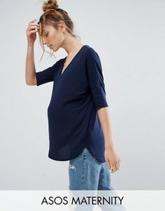 Oversize-футболка в рубчик с V-образным вырезом ASOS Maternity - Темно-синий