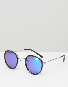 Круглые солнцезащитные очки в черной оправе с синими зеркальными стеклами ASOS - Черный