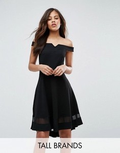 Короткое приталенное платье с открытыми плечами и сетчатой вставкой New Look Tall - Черный