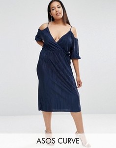 Плиссированное платье миди с вырезами на плечах ASOS CURVE - Темно-синий