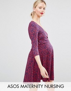 Короткое приталенное платье в горошек для беременных с запахом и рукавами 3/4 ASOS Maternity - Мульти