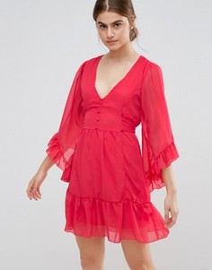 Короткое приталенное платье с оборками на кромке и рукавах Jasmine - Красный