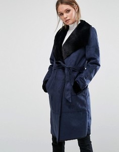 Пальто из искусственной овечьей шерсти с поясом Vero Moda - Темно-синий