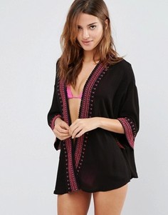 Пляжное кимоно с вышивкой и помпонами Liquorish - Черный