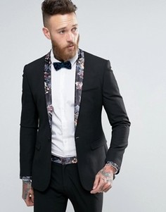 Черный супероблегающий пиджак с отделкой темным цветочным принтом ASOS - Черный