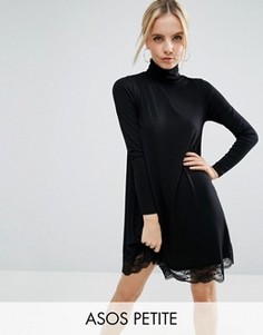 Свободное платье с кружевным низом и воротником-поло ASOS PETITE - Черный
