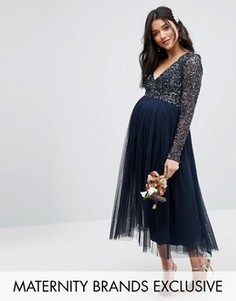 Платье миди для беременных с длинными рукавами и тюлевой юбкой Maya Maternity - Темно-синий
