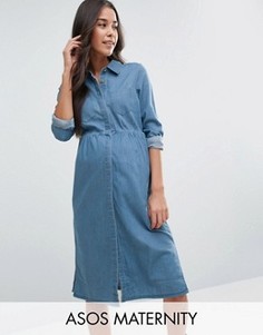 Синее джинсовое платье-рубашка мини для беременных ASOS Maternity - Синий