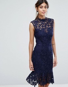 Кружевное платье с высокой горловиной и баской Paper Dolls - Темно-синий