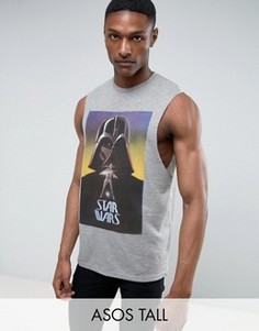 Футболка без рукавов с глубокими проймами, принтом и надписью Star Wars ASOS TALL - Серый