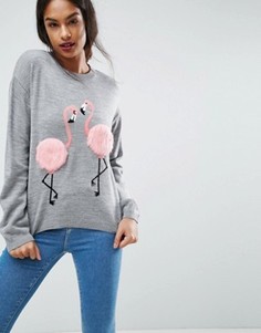 Джемпер с фламинго и отделкой помпонами ASOS - Серый
