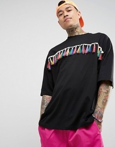 Черная oversize-футболка с разноцветной бахромой ASOS FESTIVAL - Черный