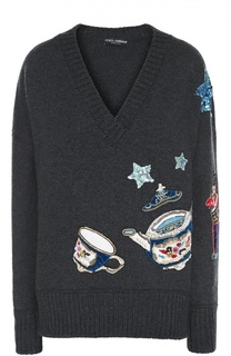 Кашемировый пуловер с яркой вышивкой и V-образным вырезом Dolce &amp; Gabbana