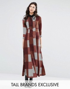 Длинное платье-рубашка в полоску с вельветовым бантиком Glamorous Tall - Мульти