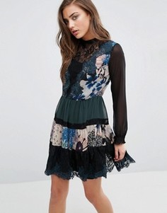 Комбинированное платье мини с принтом и кружевом Miss Selfridge - Мульти