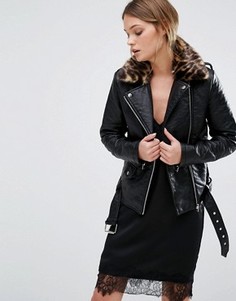 Байкерская куртка из искусственной кожи с леопардовым воротником New Look - Черный