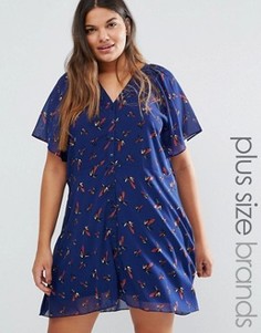 Чайное платье с принтом птиц Yumi Plus - Темно-синий