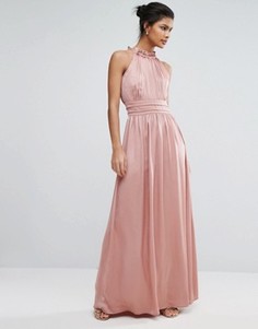 Атласное платье макси с высокой горловиной Little Mistress - Розовый