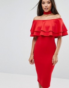 Платье миди с широким вырезом и двойной оборкой Club L - Красный