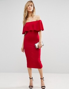 Платье миди с широким вырезом и оборкой Club L - Красный