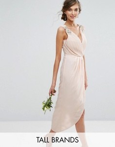 Декорированное платье миди с запахом TFNC Tall Wedding - Бежевый