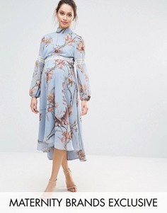 Платье миди с кружевными вставками и принтом птиц Hope & Ivy Maternity - Синий