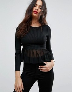 Лонгслив в рубчик с сетчатым краем Boohoo - Черный