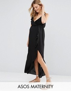 Пляжное платье макси для беременных с оборками и запахом ASOS Maternity - Черный