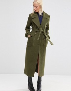 Полушерстяное пальто миди с завязкой на поясе ASOS - Зеленый