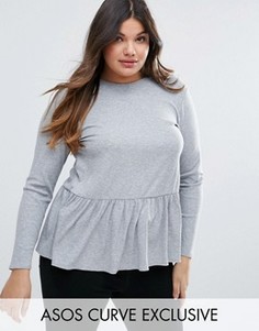 Топ в рубчик с оборкой по низу и длинными рукавами ASOS CURVE - Серый