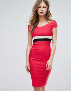 Платье-футляр миди с открытыми плечами и контрастным поясом Vesper - Розовый