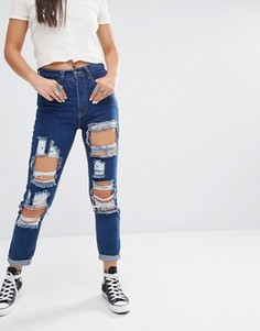 Рваные джинсы в винтажном стиле с завышенной талией Boohoo - Синий