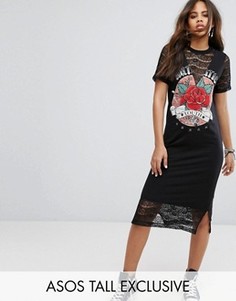 Платье-футболка миди с кружевными вставками и принтом ASOS TALL - Мульти