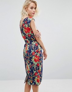 Платье с V-образным вырезом сзади и цветочным принтом в стиле ретро Trollied Dolly Chic - Темно-синий