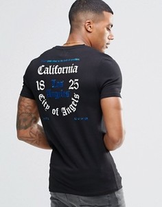 Удлиненная облегающая футболка с синим принтом цвета металлик сзади ASOS - Черный