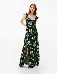 Длинное платье с цветочным узором и разрезом сзади Bershka