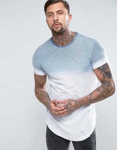 Синяя рваная футболка с эффектом выцветания и закругленным подолом SikSilk - Темно-синий