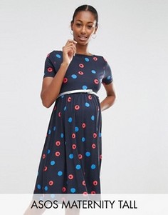 Короткое приталенное платье с поясом в размытый горошек ASOS Maternity TALL - Мульти