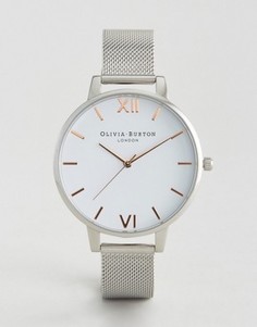 Серебристые часы с белым большим циферблатом и сетчатым ремешком Olivia Burton - Серебряный