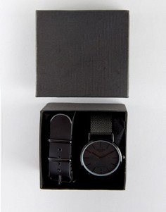Черные часы со сменным кожаным и сетчатым ремешком в подарочном наборе Reclaimed Vintage - Черный