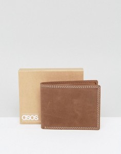 Кожаный бумажник с декоративными потертостями и контрастными строчками ASOS - Коричневый