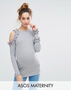 Топ в рубчик с открытым плечом и оборками ASOS Maternity - Серый