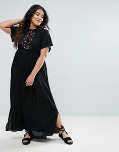 Платье макси с открытыми плечами и цветочной вышивкой Diya - Черный