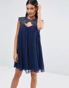 Платье мини молодежного стиля с кружевной вставкой Lipsy - Темно-синий