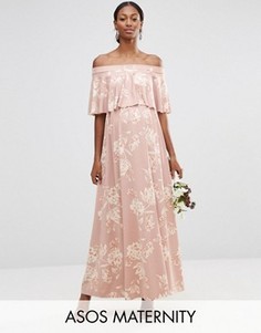 Платье макси с открытыми плечами, принтом и оборкой ASOS Maternity WEDDING - Мульти