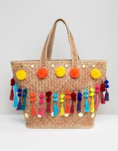 Соломенная сумка с помпонами и кисточками Glamorous - Мульти