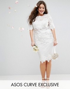 Кружевное цельнокройное платье миди с вышивкой ASOS CURVE BRIDAL - Белый