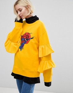 Oversize-свитшот с принтом и оборками на рукавах STYLENANDA - Желтый