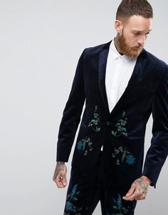 Темно-синий бархатный зауженный пиджак с вышивкой ASOS - Темно-синий